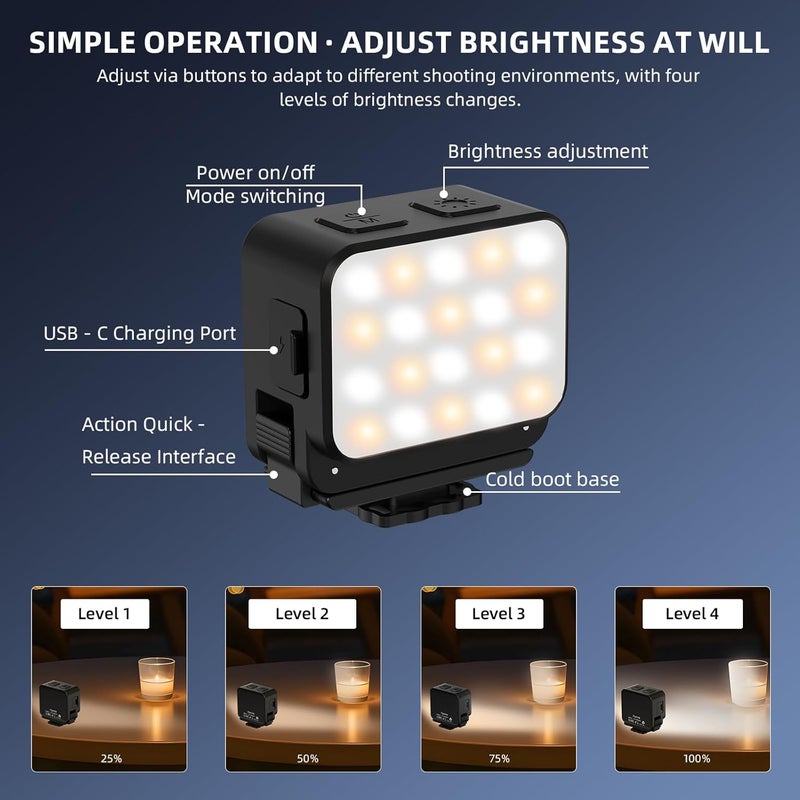 Flymile 2PCS Pocket 3 Magnetic Mini LED Light Accessories, 8700K Adjustable Fill Video Light for Xtra Muse with Quick-Release Cold Shoe Adapter for DJI Osmo Action 5 Pro/4/3 Camera Cage Attachment - Image 4
